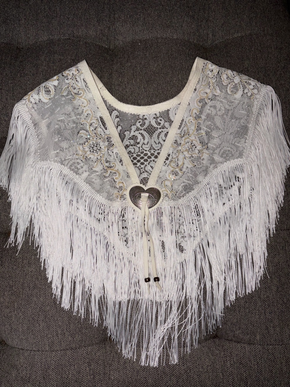 Women’s White Lace Fringe Capelet with Beaded Embellishments